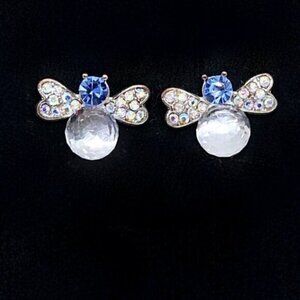 Blue and White Crystals Bee Earrings